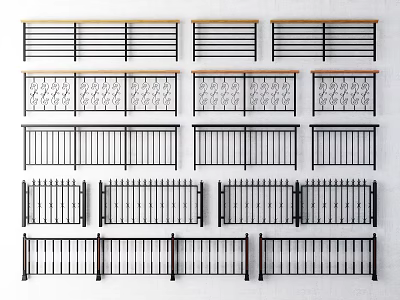 Various Fence Styles Featuring Horizontal Bars and Ornate Decorative Patterns 3d model