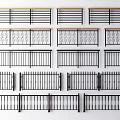 Various Fence Styles Featuring Horizontal Bars and Ornate Decorative Patterns 3d model