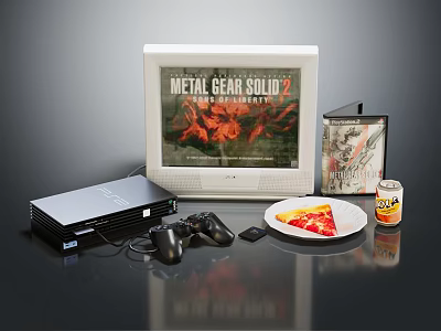 Gaming Entertainment Electronics Setup With Metal Gear Solid 2 Monitor Console Controller And Pizza 3d model