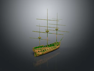 Green Vintage Ship Model With Multiple Masts And Detailed Hull Structure 3d model