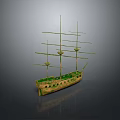 Green Vintage Ship Model With Multiple Masts And Detailed Hull Structure