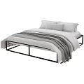 Modern Double Bed With Black Metal Frame Gray Striped Blanket And Pillows