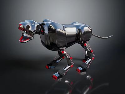 Metallic Black Robot Dog with Red Accents on Leg Joints Mouth and Dynamic Pose 3d model