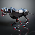 Metallic Black Robot Dog with Red Accents on Leg Joints Mouth and Dynamic Pose