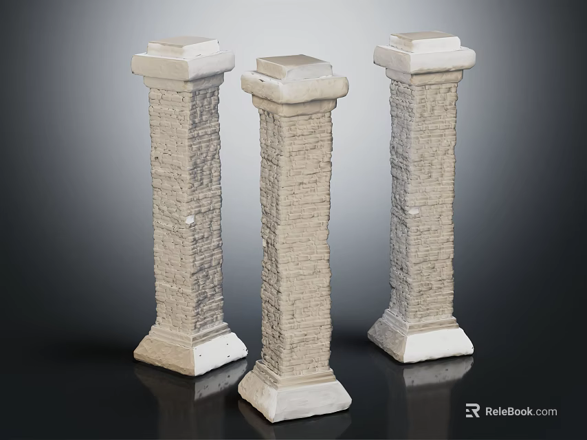 Three Textured Stone Columns With Square Bases And Decorative Tops 3d model 