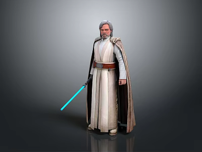Elderly Jedi Character With Gray Hair Beard White Brown Robe And Blue Lightsaber Standing Pose 3d model
