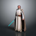 Elderly Jedi Character With Gray Hair Beard White Brown Robe And Blue Lightsaber Standing Pose