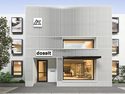 Modern Storefront Design With White Vertical Striped Wall Dossit Signage Display Window And Green Plants 3d model