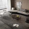 Modern Gray Sofa and Coffee Table Set with Floor to Ceiling Windows and Artwork 3d model