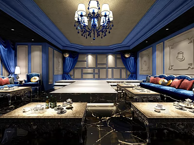 Luxurious Blue KTV Room Interior With Elegant Chandelier And Comfortable Sofas 3d model