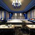 Luxurious Blue KTV Room Interior With Elegant Chandelier And Comfortable Sofas