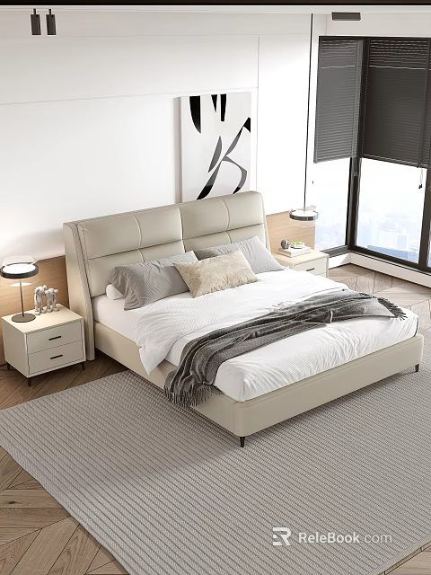Modern Upholstered Double Bed in Bedroom with Bedside Tables Lamps Decorative Painting and Grey Carpet 3d model 