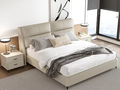 Modern Upholstered Double Bed in Bedroom with Bedside Tables Lamps Decorative Painting and Grey Carpet 3d model
