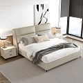Modern Upholstered Double Bed in Bedroom with Bedside Tables Lamps Decorative Painting and Grey Carpet