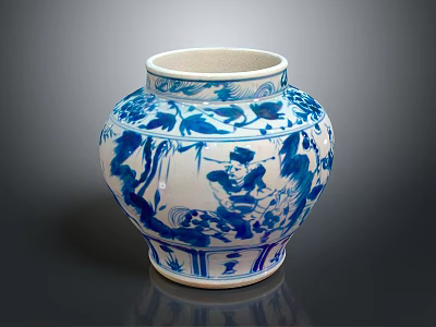 Traditional Blue And White Ceramic Vase With Floral And Figure Motifs 3d model