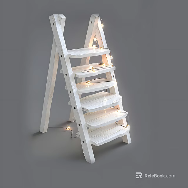 Public Facility White Decorative Ladder Shelf With Multiple Shelves And String Lights 3d model 