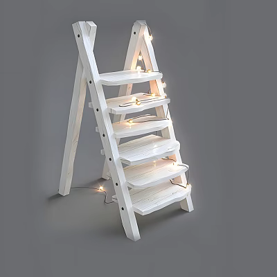Public Facility White Decorative Ladder Shelf With Multiple Shelves And String Lights 3d model