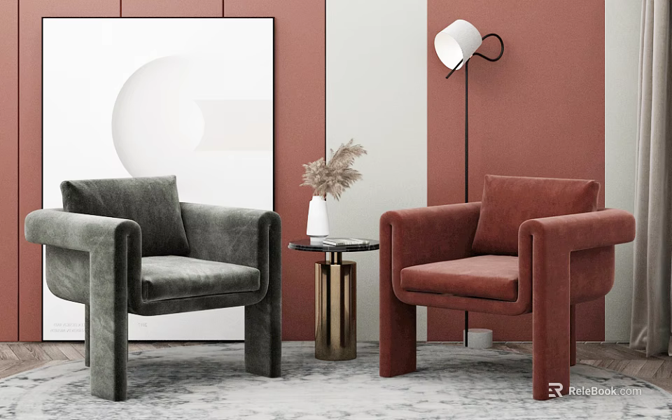 Stylish Casual Sofa Set With Gray Burgundy Velvet Armchairs And Gold Side Table 3d model 