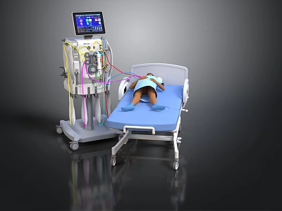 Medical Monitoring Equipment With Display Screen And Hospital Bed Blue Mattress Patient Mannequin 3d model