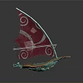 Unique Turquoise Water Vehicle with Red Sail and White Spiral Patterns