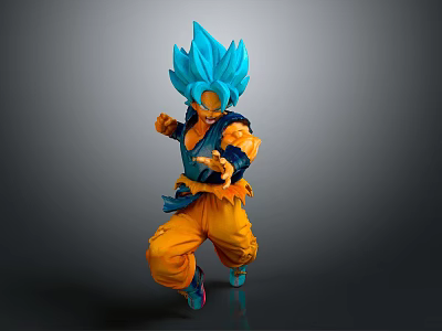 Anime Action Figure In Dynamic Battle Pose With Blue Spiky Hair And Orange Pants 3d model