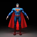 Man In Blue Superhero Bodysuit With Red Cape And Chest Logo Standing Pose