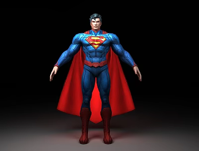 Man In Blue Superhero Bodysuit With Red Cape And Chest Logo Standing Pose 3d model