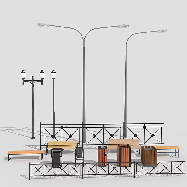 Outdoor Street Lights with Benches Trash Bins and Railing in Public Area 3d model 