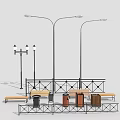 Outdoor Street Lights with Benches Trash Bins and Railing in Public Area