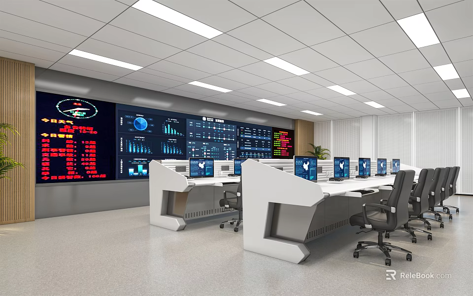 Modern Monitoring Room Interior Design With Large Screens Control Desks And Computers 3d model 