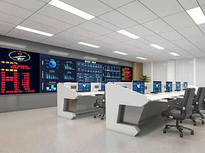 Modern Monitoring Room Interior Design With Large Screens Control Desks And Computers 3d model