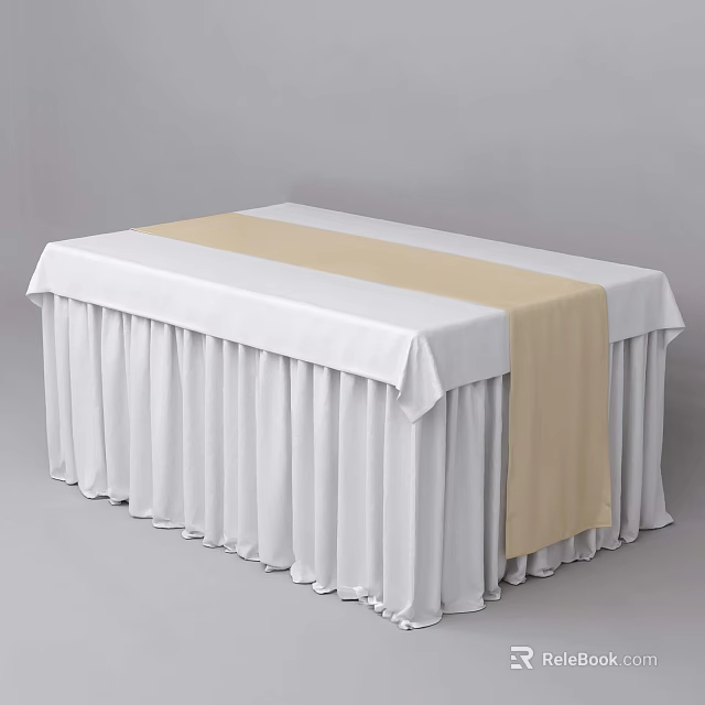 Dining Table With White Tablecloth Beige Runner And Pleated Skirt 3d model 