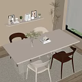 Modern Dining Table Set with Brown White Chairs Green Plant Vase and Wooden Floor