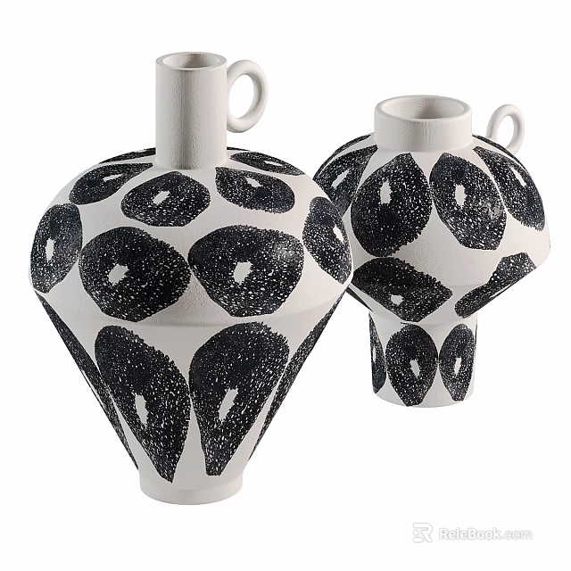 Decorative Ceramic Vessels With Black White Speckled Patterns And Handles 3d model