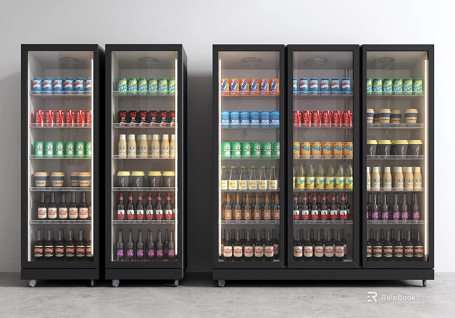 Commercial Glass Door Freezers Stocked With Various Bottled Beverages For 3d model 