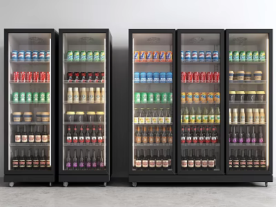 Commercial Glass Door Freezers Stocked With Various Bottled Beverages For 3d model