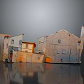 Cartoon Style Village Buildings Scene With Colorful Rooftops Windows and Doors