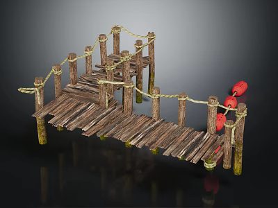 Weathered Wooden Dock With Weathered Planks Wooden Posts Ropes And Red Buoys 3d model