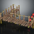 Weathered Wooden Dock With Weathered Planks Wooden Posts Ropes And Red Buoys