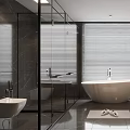 Modern Bathroom Interior With White Bathtub Double Vanity Glass Shower Enclosure And Window Blinds