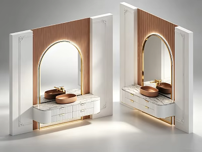 Modern Elegant Vanity with Arched Gold Frame Mirror White Countertop Drawers Brown Vertical Striped Wall 3d model