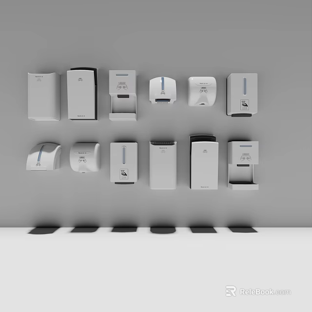 Essential White Bathroom Accessories Featuring Hand Dryers Soap Dispensers And Tissue Holders 3d model 
