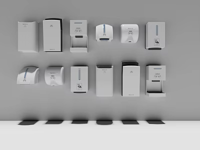 Essential White Bathroom Accessories Featuring Hand Dryers Soap Dispensers And Tissue Holders 3d model