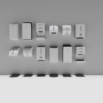 Essential White Bathroom Accessories Featuring Hand Dryers Soap Dispensers And Tissue Holders 3d model