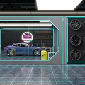 Auto 4S Shop Interior Featuring Purple Sports Car Neon Signs Service Equipment And Shelves