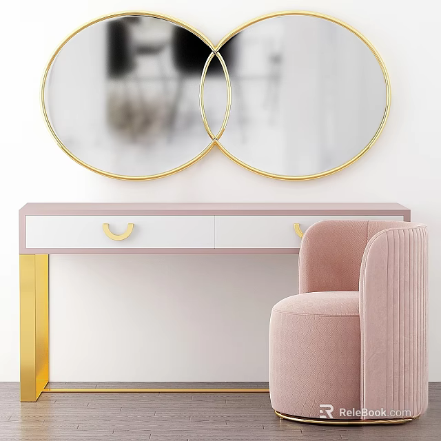 Modern Pink Dressing Table With Gold Legs Round Mirrors And Pink Chair 3d model 