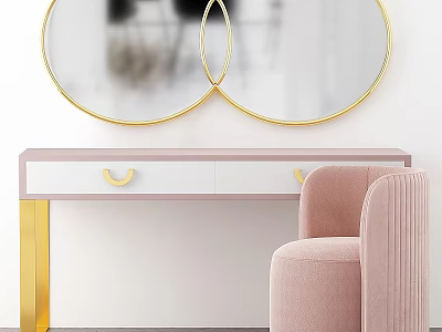 Modern Pink Dressing Table With Gold Legs Round Mirrors And Pink Chair 3d model