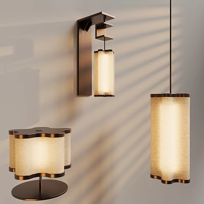 Modern Pendant Lights with Textured Fabric Shades and Sleek Metal Frames in Interior Design 3d model