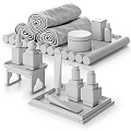 Elegant Bathroom Set With Rolled Towels Wooden Tray Toiletries Bottles Jar And Small Stool