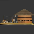 Cartoon African Thatched Hut Scene With Colorful Fabrics Clay Pots Dry Grass and Yellow Sand